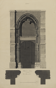 216364 Plattegrond en opstand van de middentravee met ingang naar het portaal aan de oostgevel van de Domkerk te Utrecht.